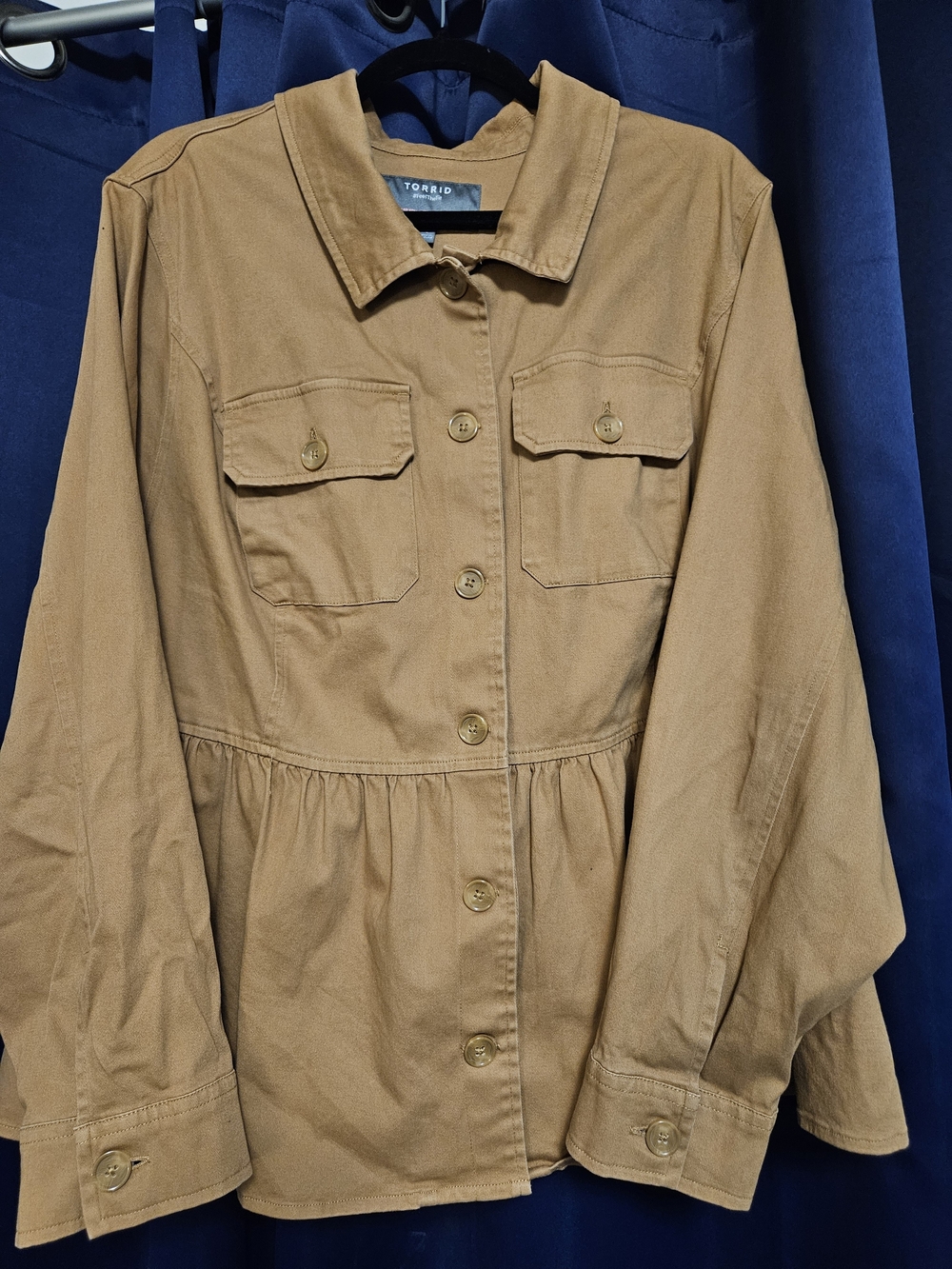 torrid tan button-front utility jacket with gathered waist